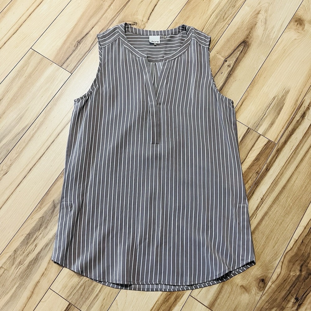 Ecru Womens Sleeveless V Neck Silk Striped Top Blouse Brown & White Sz XS